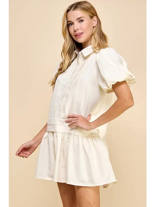 Pleat Detail Puff Sleeves Shirt Dress