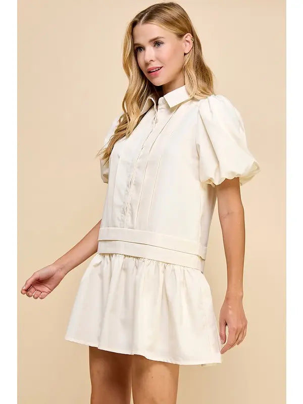 Pleat Detail Puff Sleeves Shirt Dress