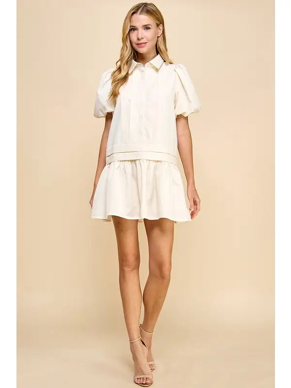 Pleat Detail Puff Sleeves Shirt Dress