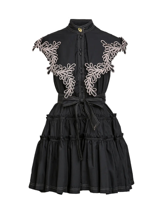 Embroidered Tie Waist Mini Dress *Black