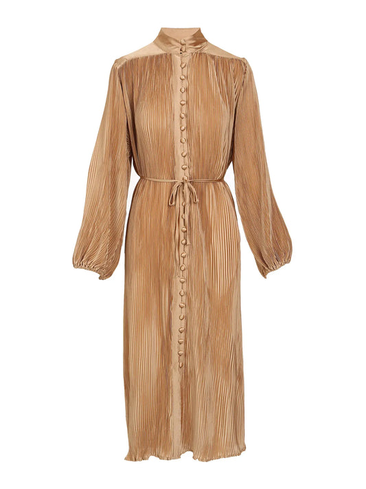 Pintuck Pleated Shirt Dress in Bronze