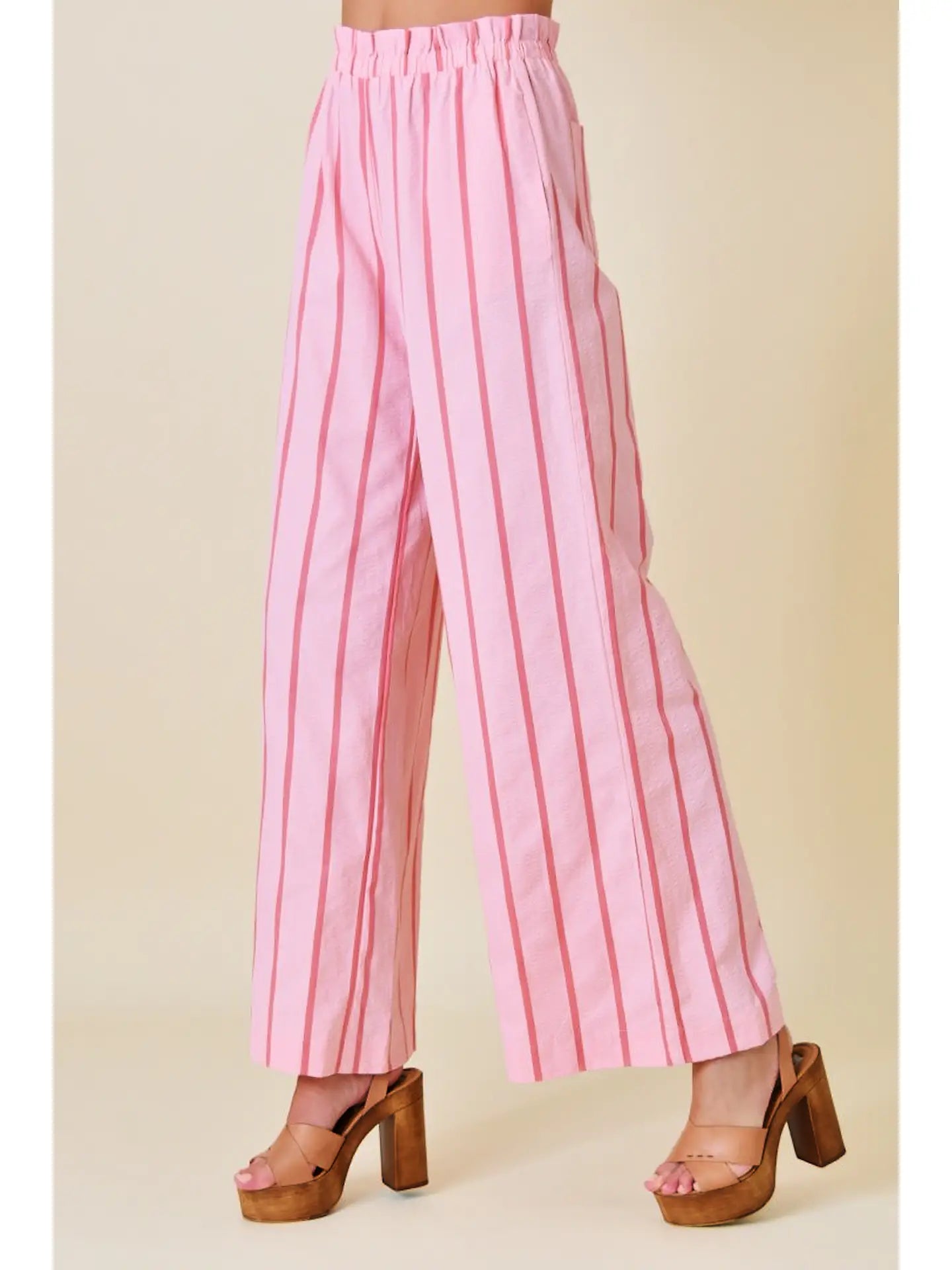 Dramatic Balloon Sleeve Bow Necktie Blouse + Striped Straight Leg Pants