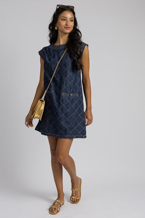 Quilted Pocket Dress, Dark Denim