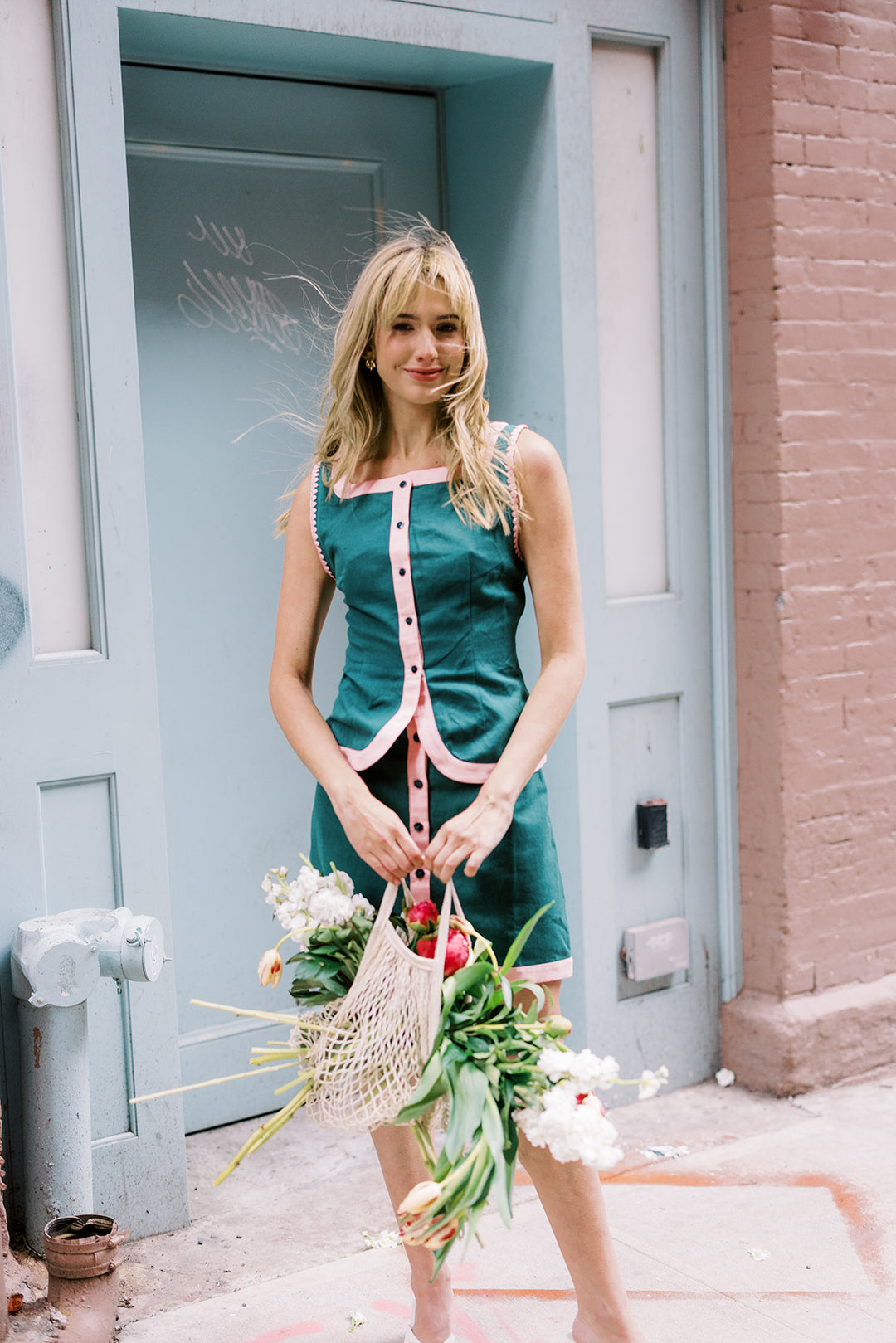 Athena Skirt, Green with Pink Color Block Linen