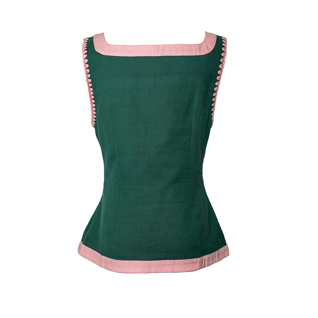 Athena Vest, Green with Pink Color Block Linen