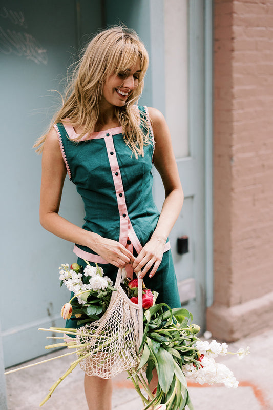 Athena Vest, Green with Pink Color Block Linen