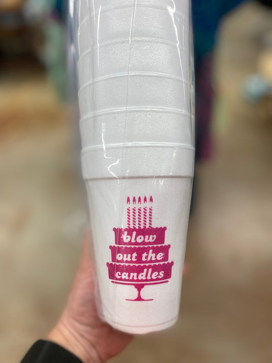 "Blow of the Candles" Birthday Sleeve of 10 Styrofoam Cups