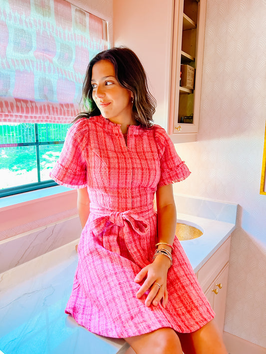 Pretty Pink Checker Boucle Mini Dress