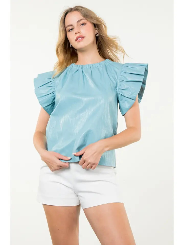 Ruffle Sleeve Leather Top-Light Blue