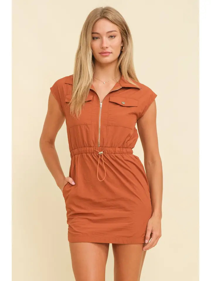 Cap Sleeve Zipper Dress Burnt Orange