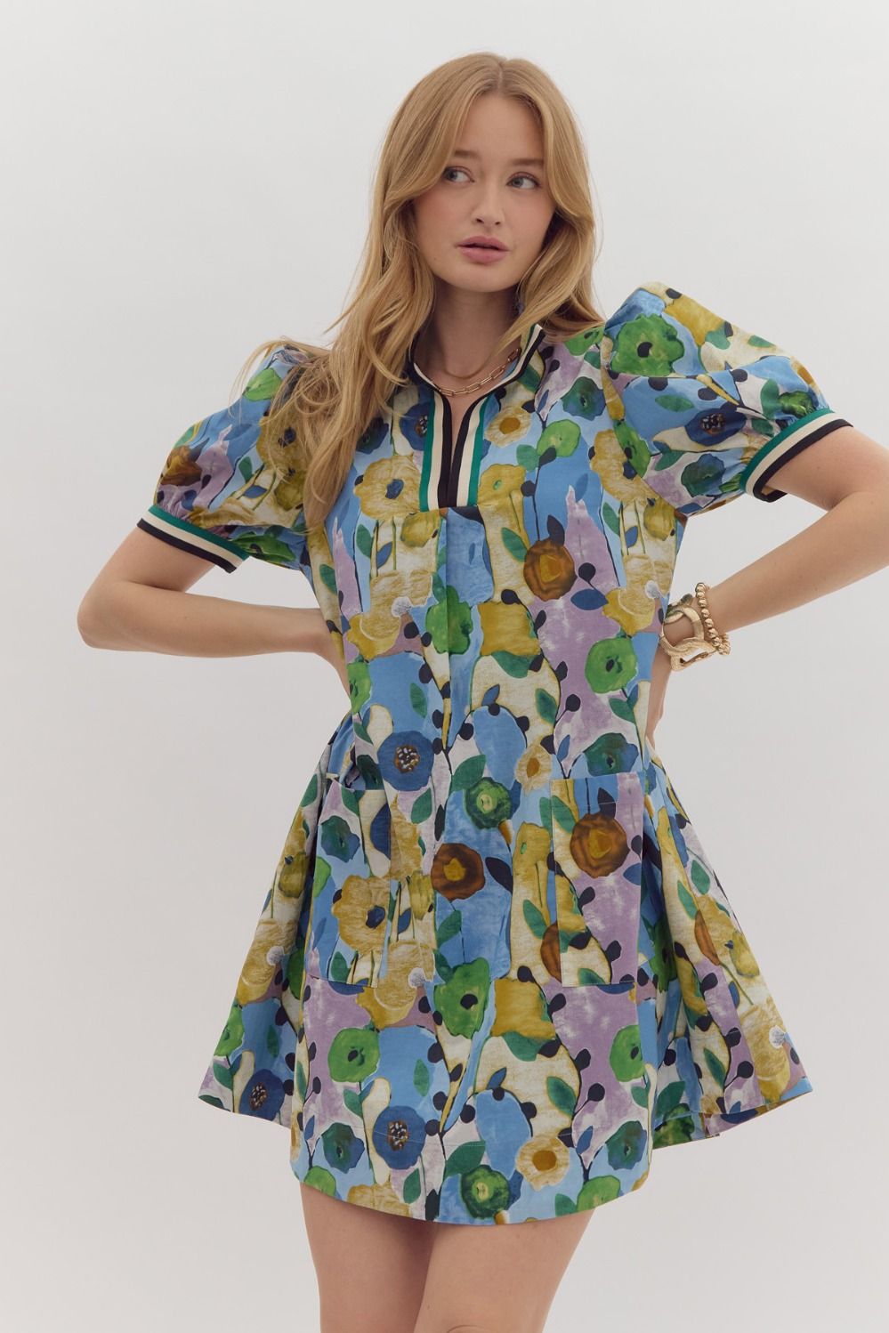 Blue Combo Floral V Neck Dress