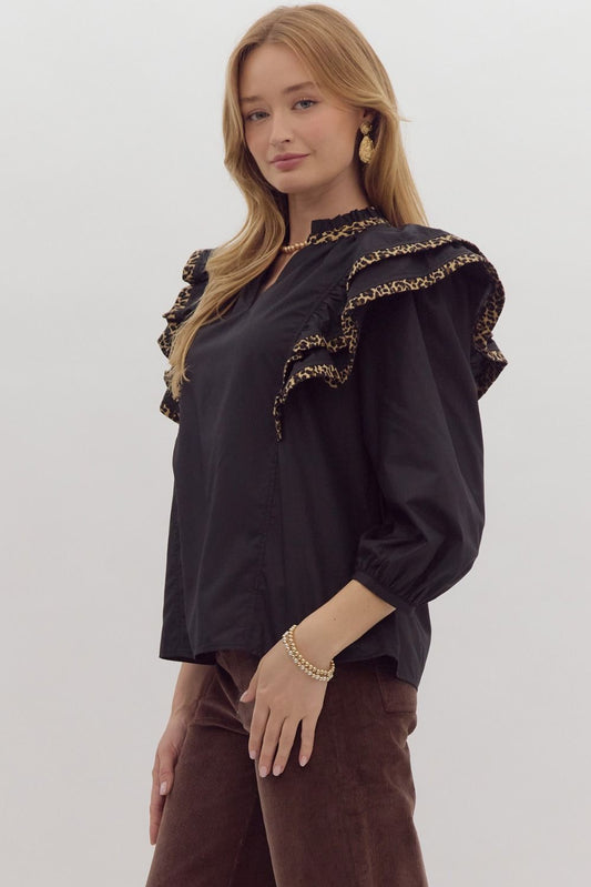 Black Cheetah Ruffle Top