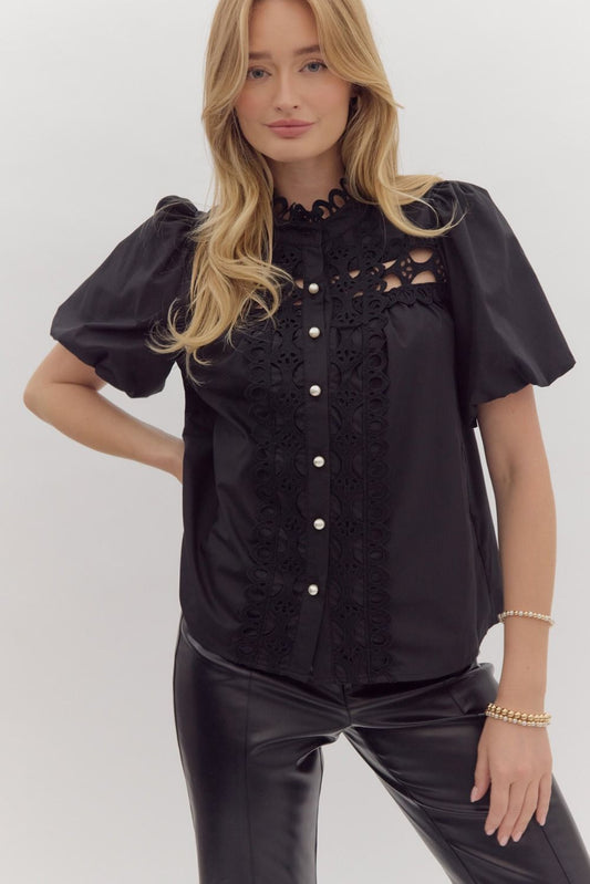 Black Puff Sleeve Lace Top