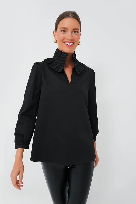 Black Poplin Ruffle Neck Top